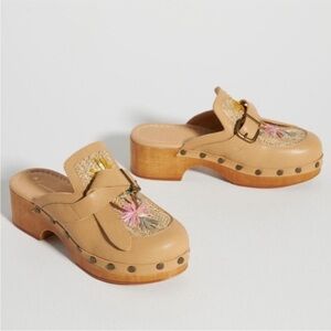 Women's Tan Clogs with Embroidered Detail